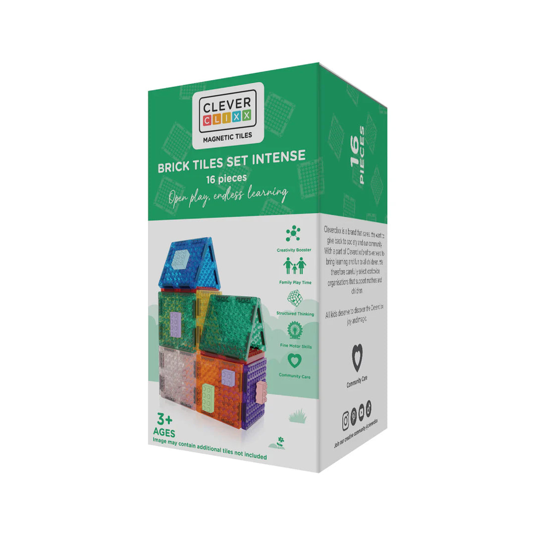 Cleverclixx Brick Tiles Intense, 16-delige magnetische bouwset, compatibel met LEGO® en DUPLO®, kleurrijke tegels voor creatieve bouwwerken