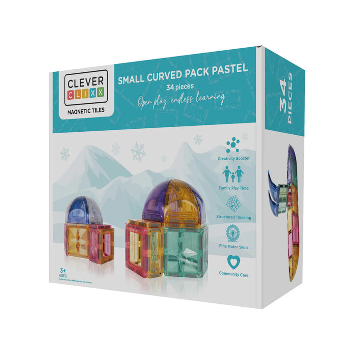 Cleverclixx magnetische tegels Small Curved Pastel, 34-delige bouwset in pastelkleuren met gebogen stukken voor kinderen