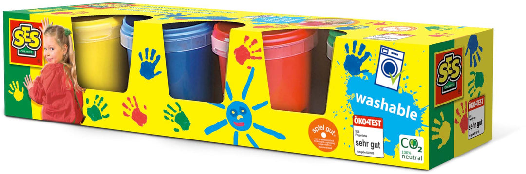 Ses Creative set vingerverf in vier basiskleuren (geel, blauw, rood, groen), uitwasbaar en geschikt voor kinderen vanaf 2 jaar.