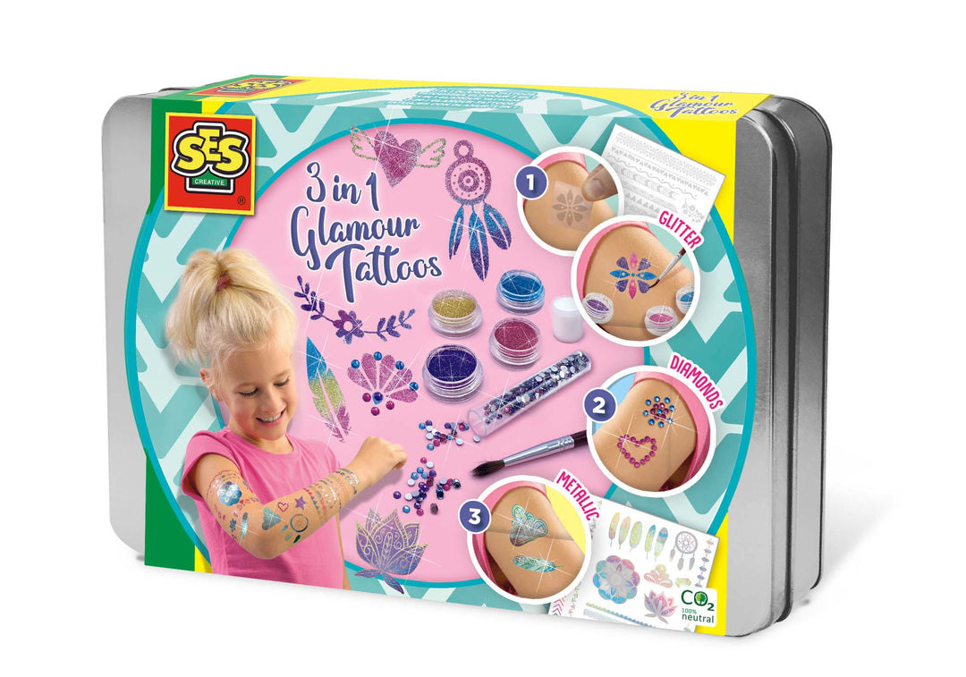 Ses Creative 3in1 Glamour Tattooset met metallic tattoos, glitterpoeder en glinsterende steentjes voor unieke huiddecoraties.