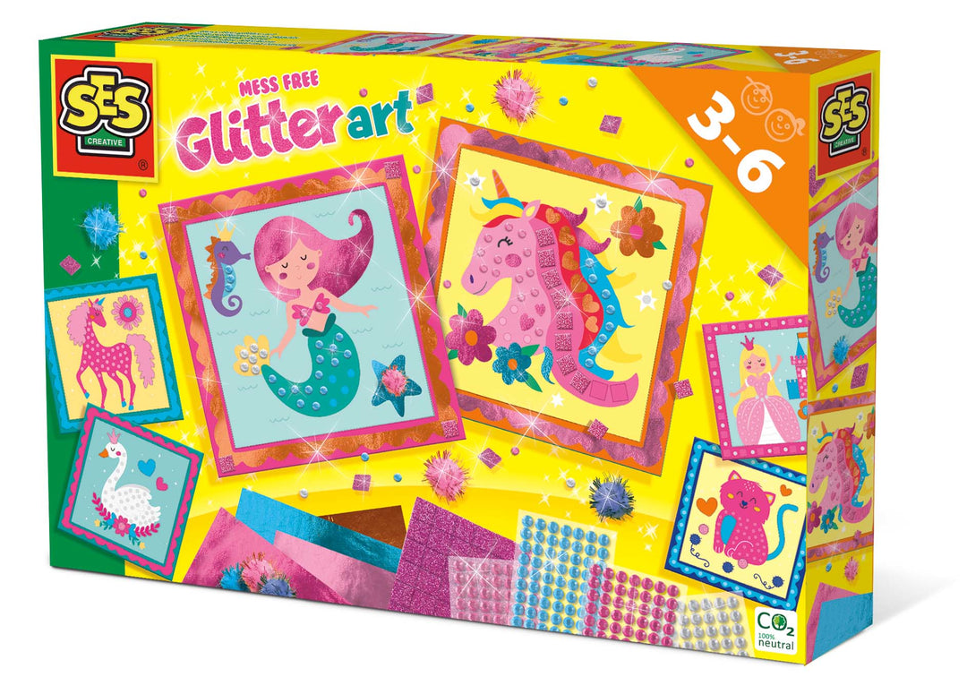 Ses Creative knutselset knoeivrije glitter kunst, glitterende stickers en pompons voor kinderen.