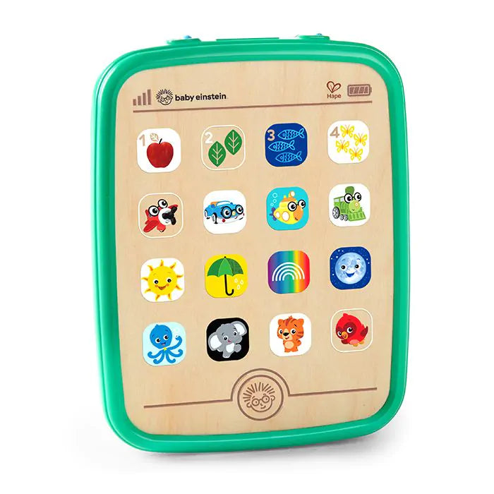 Kind speelt met duurzame houten Magic Touch Curiosity Tablet van Hape Toys