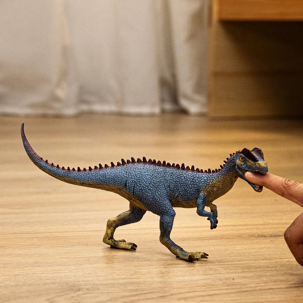 Schleich speelfiguur Dilophosaurus, blauwe hagedissenhuid, rode kammen