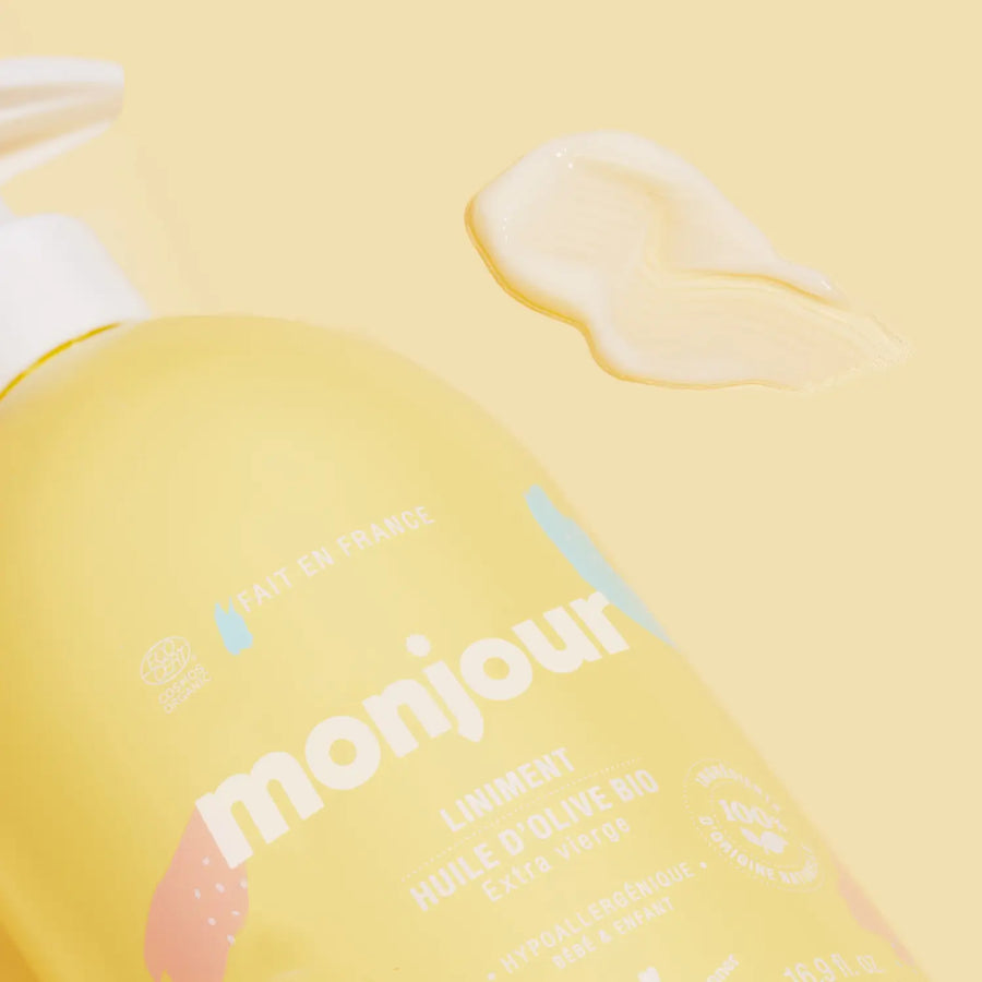 Monjour Liniment Zalf 500ml met biologische olijfolie, voor bescherming en verzorging van baby's zitvlak.