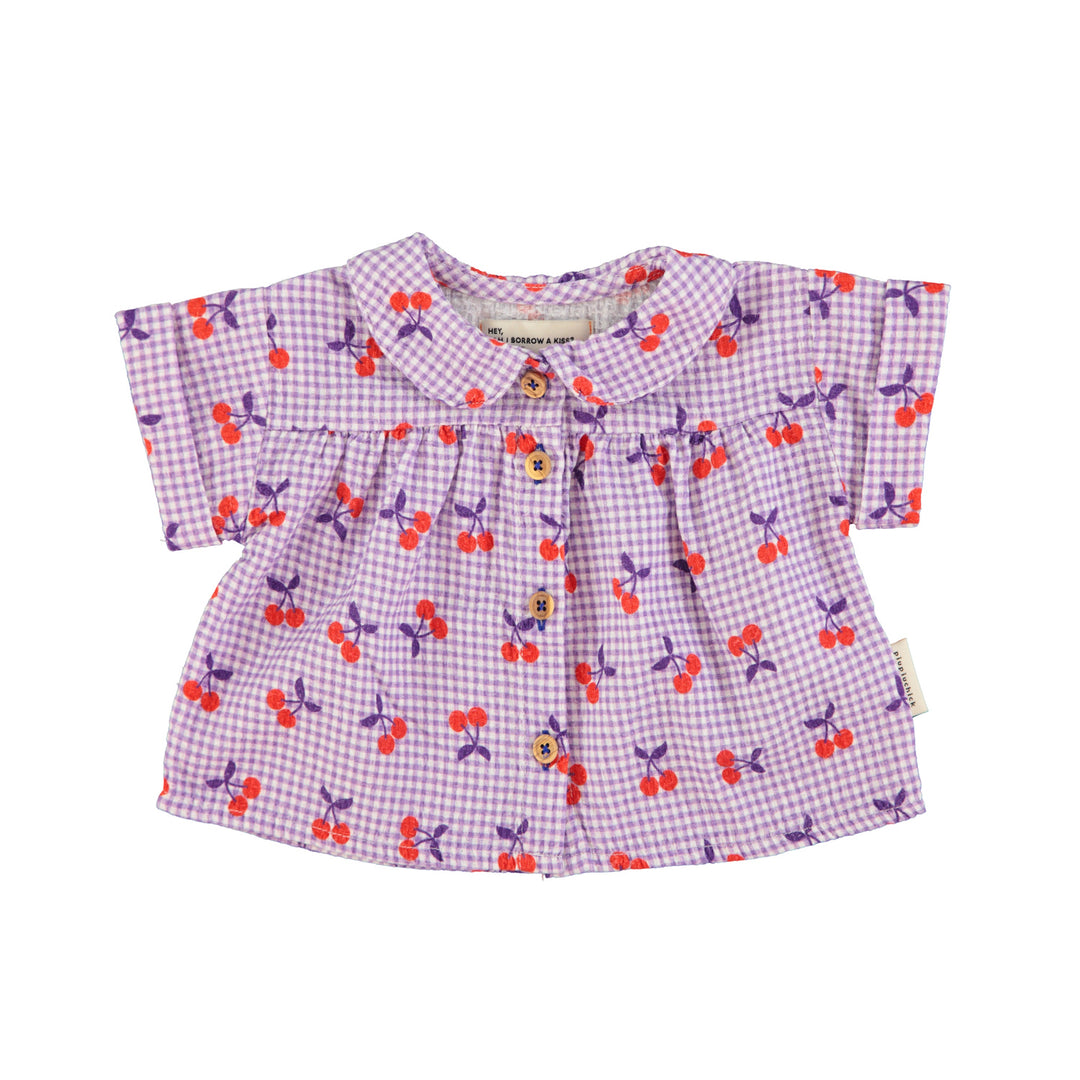 Paarse baby blouse van Piupiuchick met ruitjes, kersenprint en Peter Pan-kraag