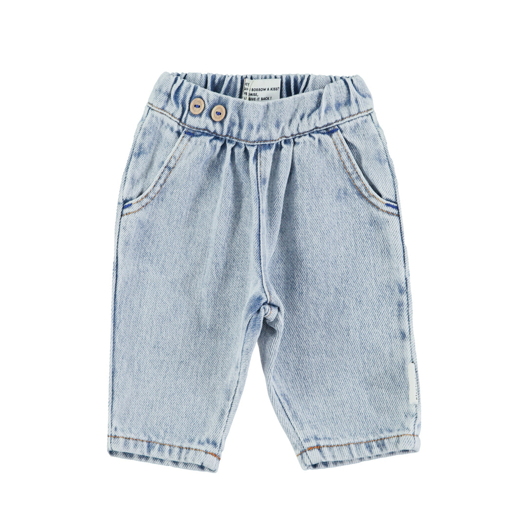 Jeansblauwe babybroek van Piupiuchick met houten knopen en elastische tailleband