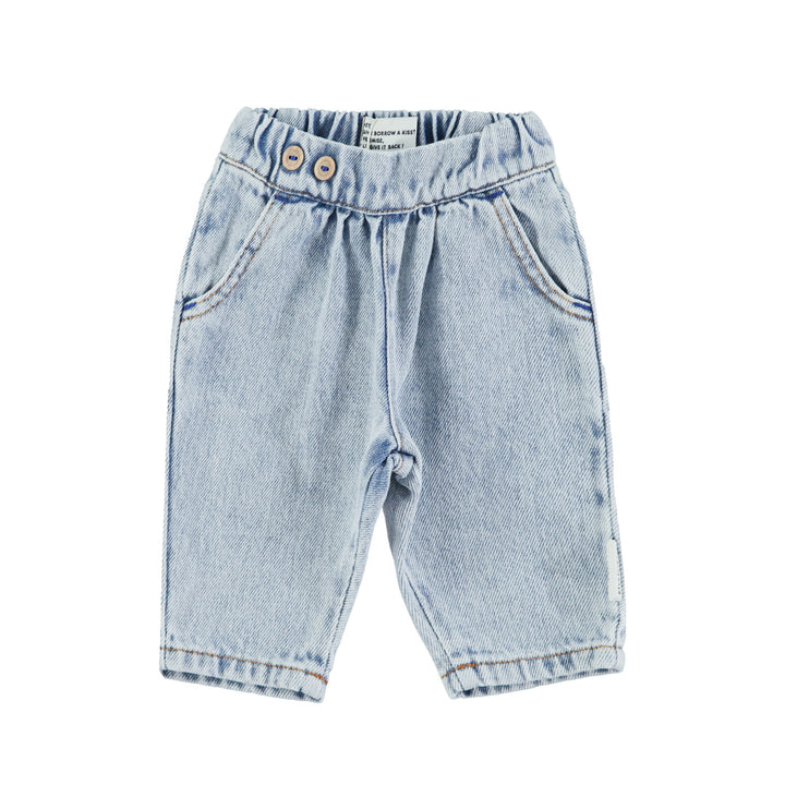 Jeansblauwe babybroek van Piupiuchick met houten knopen en elastische tailleband