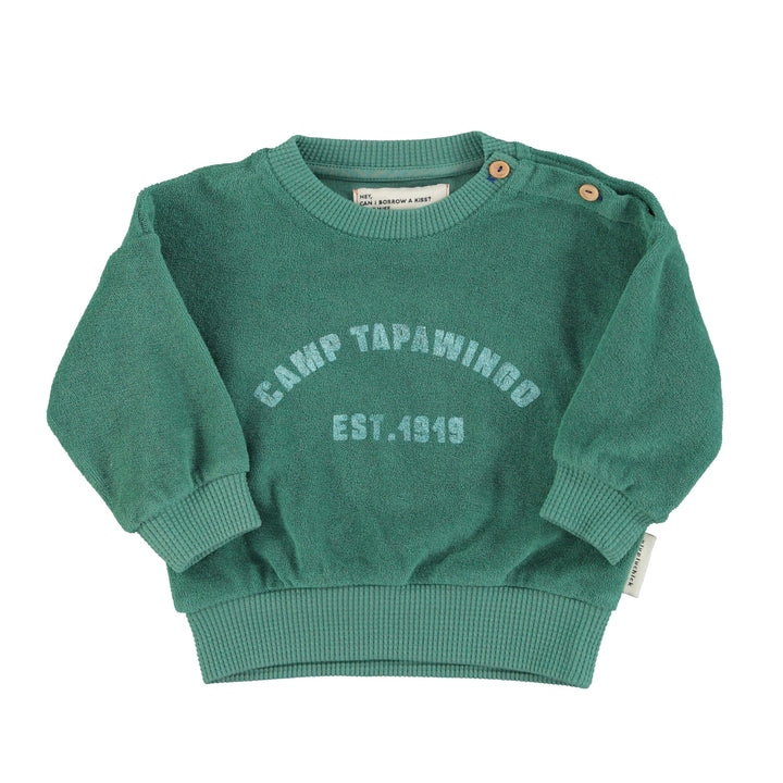 Donkergroene baby sweater van Piupiuchick met Camp Tapawingo print en ribafwerking