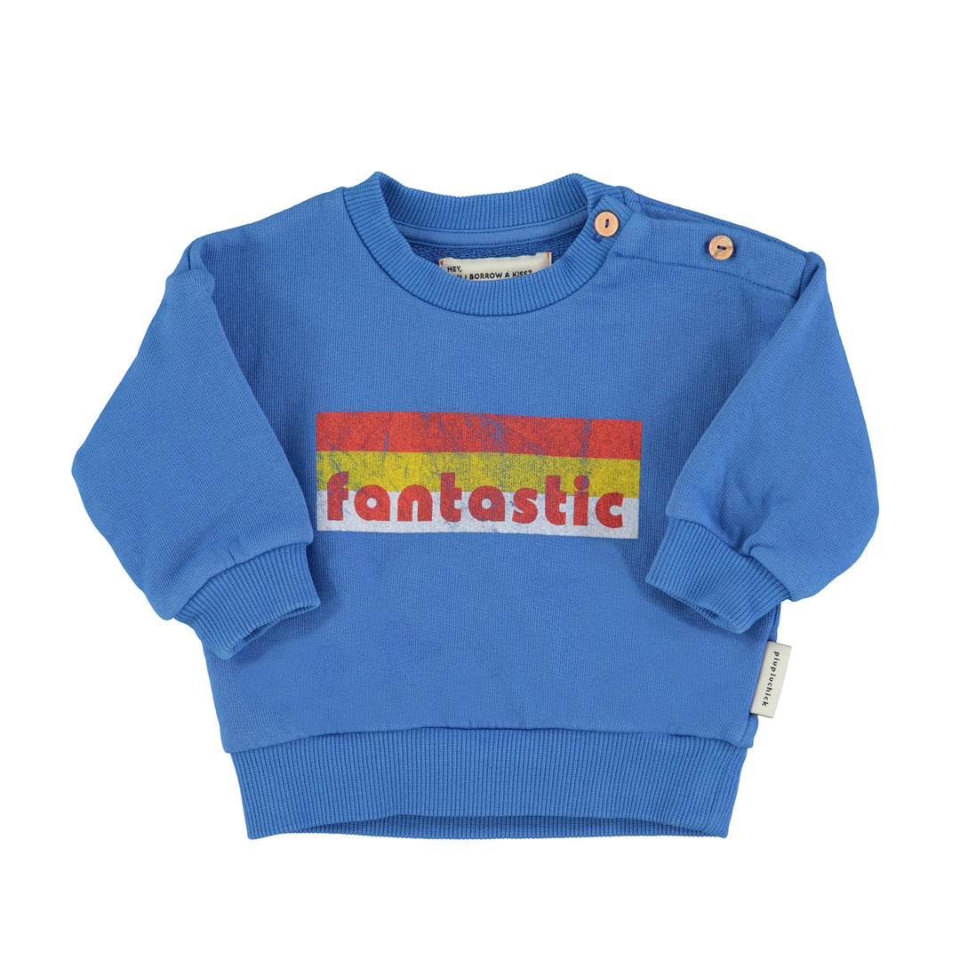 Donkerblauwe baby sweater van Piupiuchick met Fantastic print en ribdetails