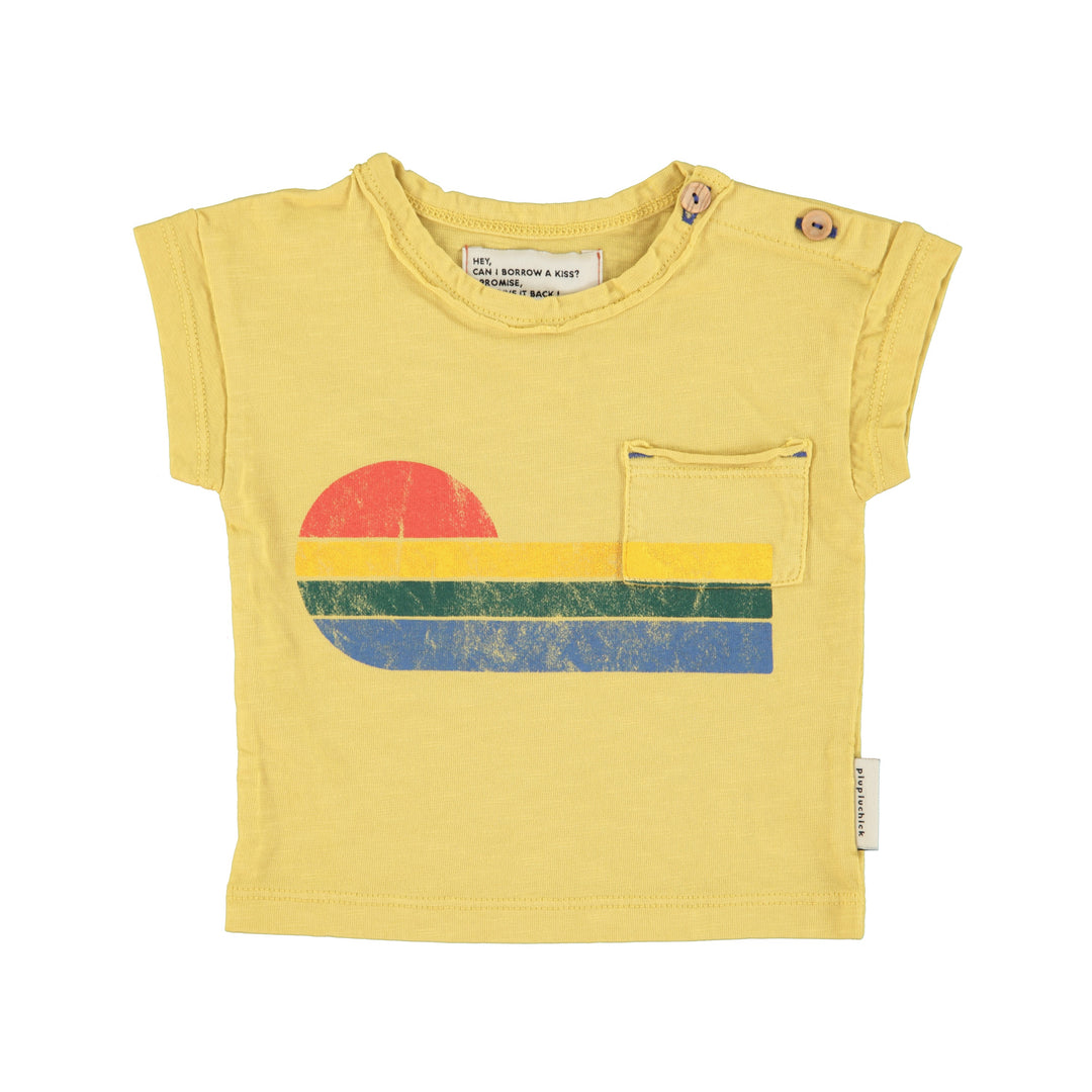 Geel baby T-shirt van Piupiuchick met wave-print en borstzakje