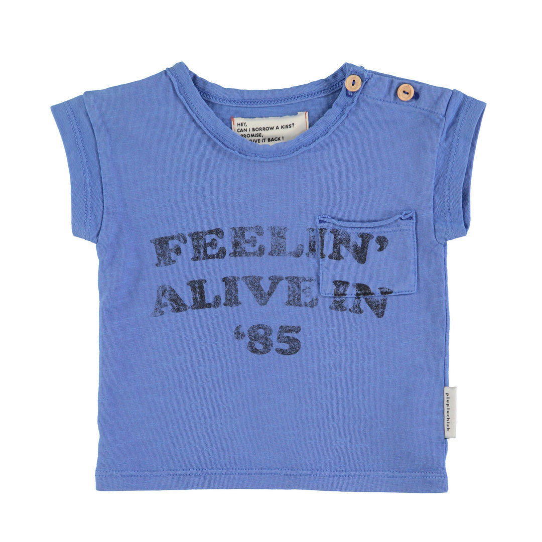 Donkerblauw baby T-shirt van Piupiuchick met Feelin' Alive in '85 print en borstzakje