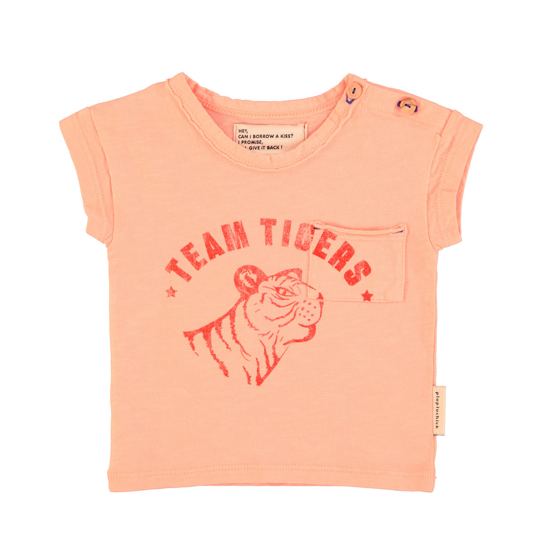 Roze baby T-shirt van Piupiuchick met Team Tigers tijgerprint en borstzakje