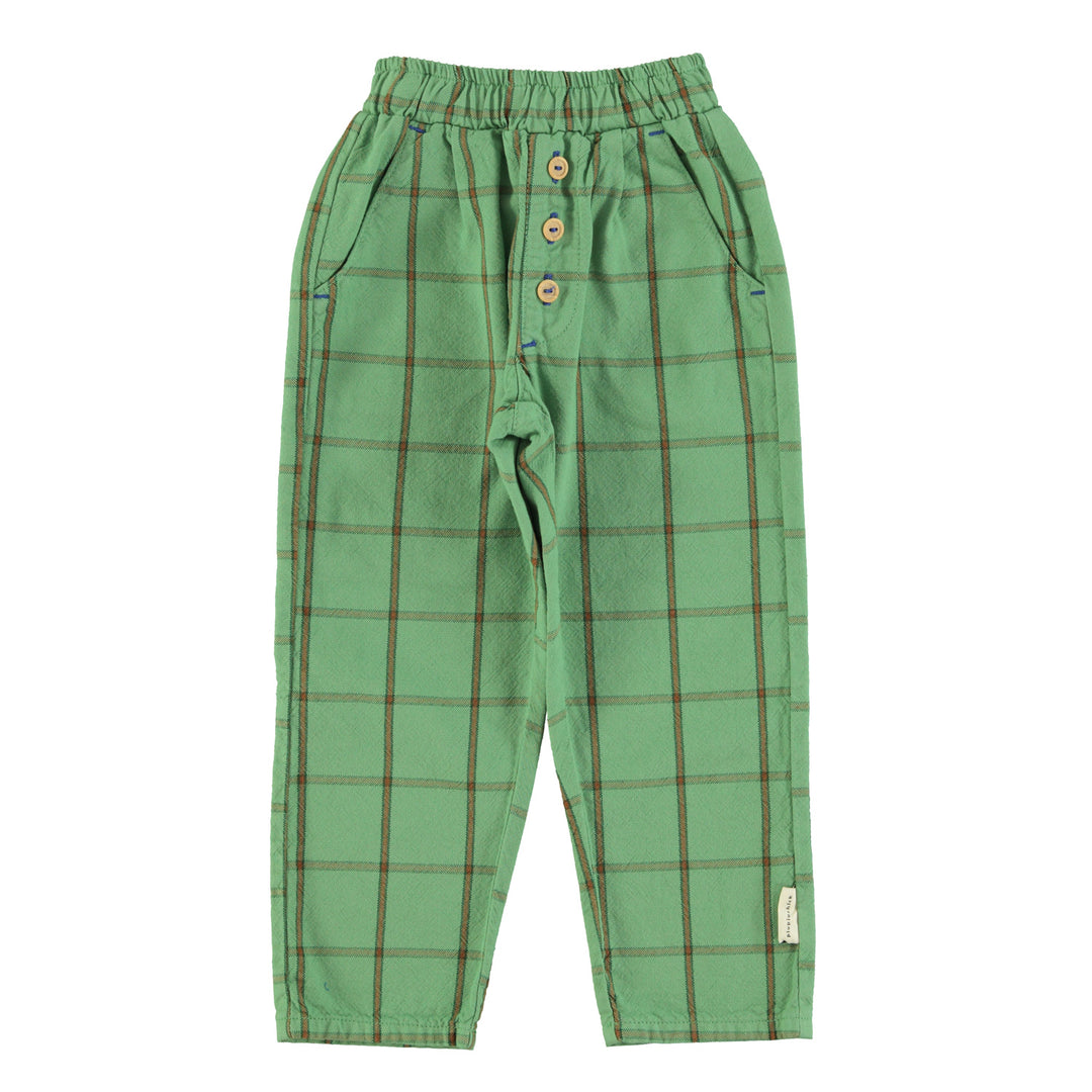 Groene geruite broek van Piupiuchick met houten knopen en elastische tailleband