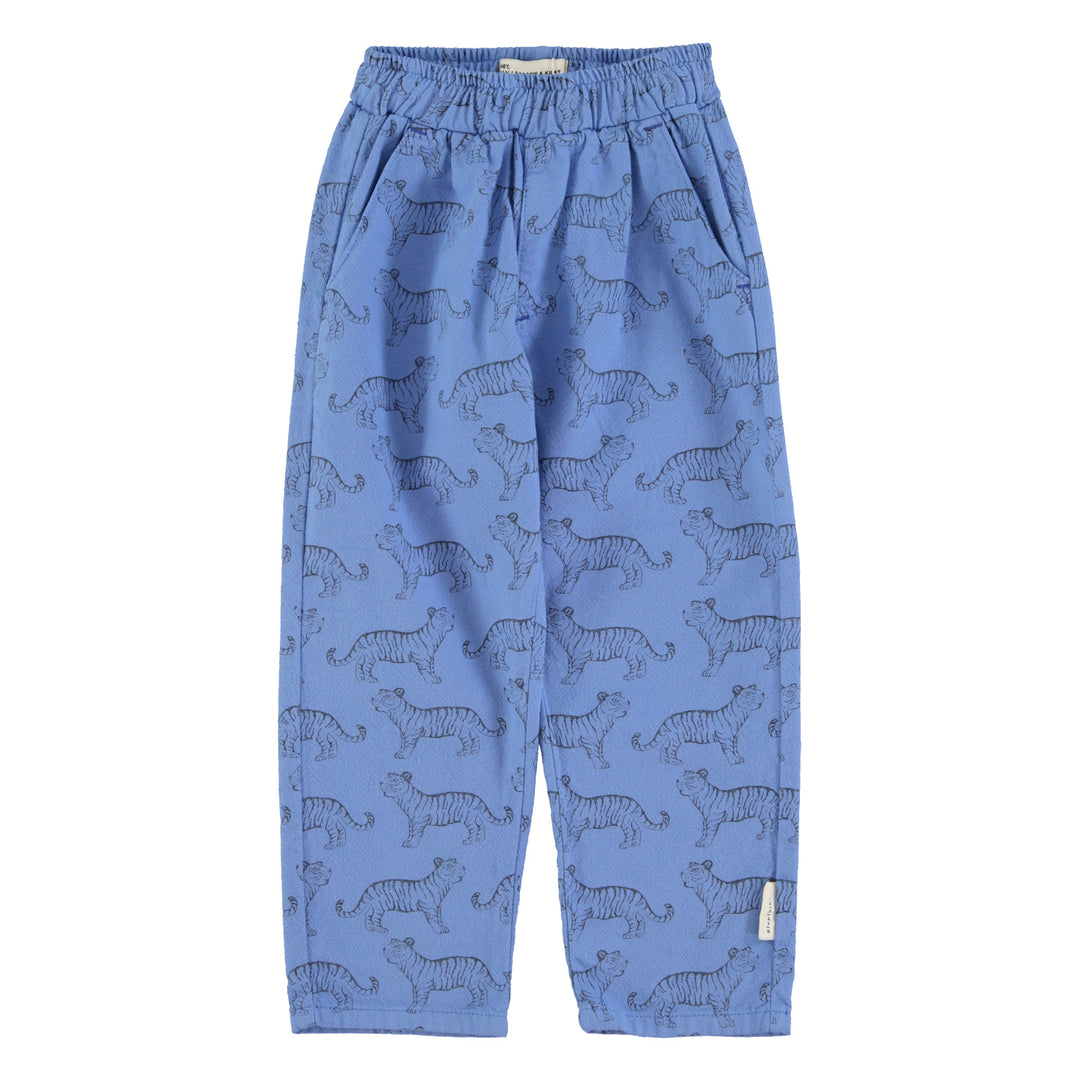 Blauwe broek van Piupiuchick met all-over tijgerprint en elastische tailleband