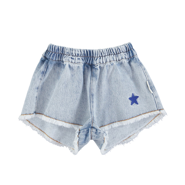 Jeansblauwe short van Piupiuchick met ruffles en elastische tailleband