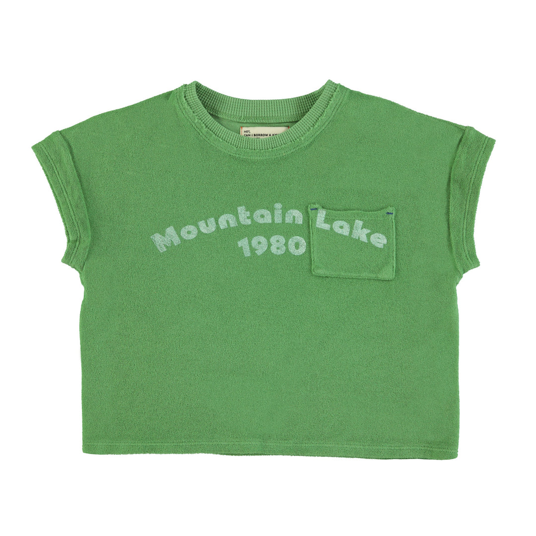 Groen T-shirt van Piupiuchick met Mountain Lake 1980 print en borstzakje