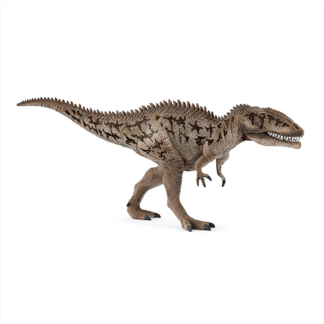 Schleich speelfiguur Carcharodontosaurus, grijze hagedissenhuid, blauwe plakken, scherpe tanden