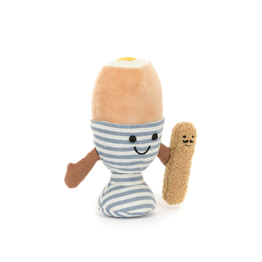 Jellycat knuffel van een gekookt eitje met een stuk brood en schattige oogjes