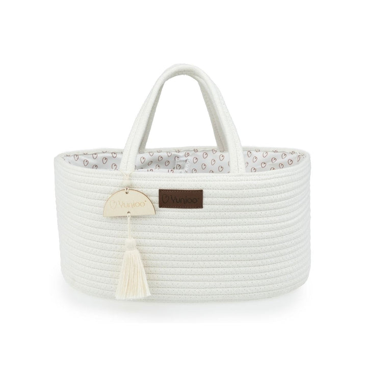 Yunioo Oslo Diaper Caddy White, stijlvolle opbergmand met boho-kwast en uitneembare verdeler