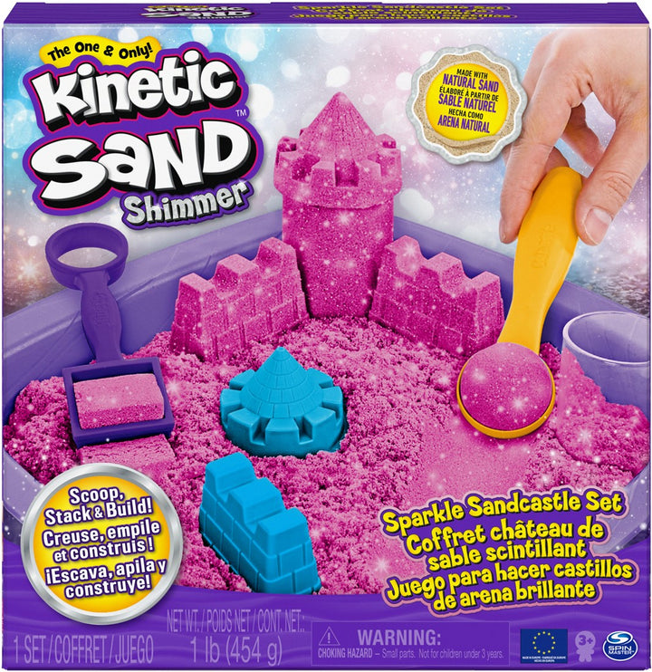 Kinetic Sand set met roze glitterzand, vormpjes en zandbak