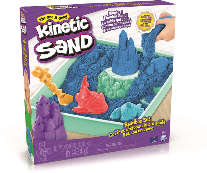 Blauwe Kinetic Sand zandbak met kneedbaar sensorisch zand