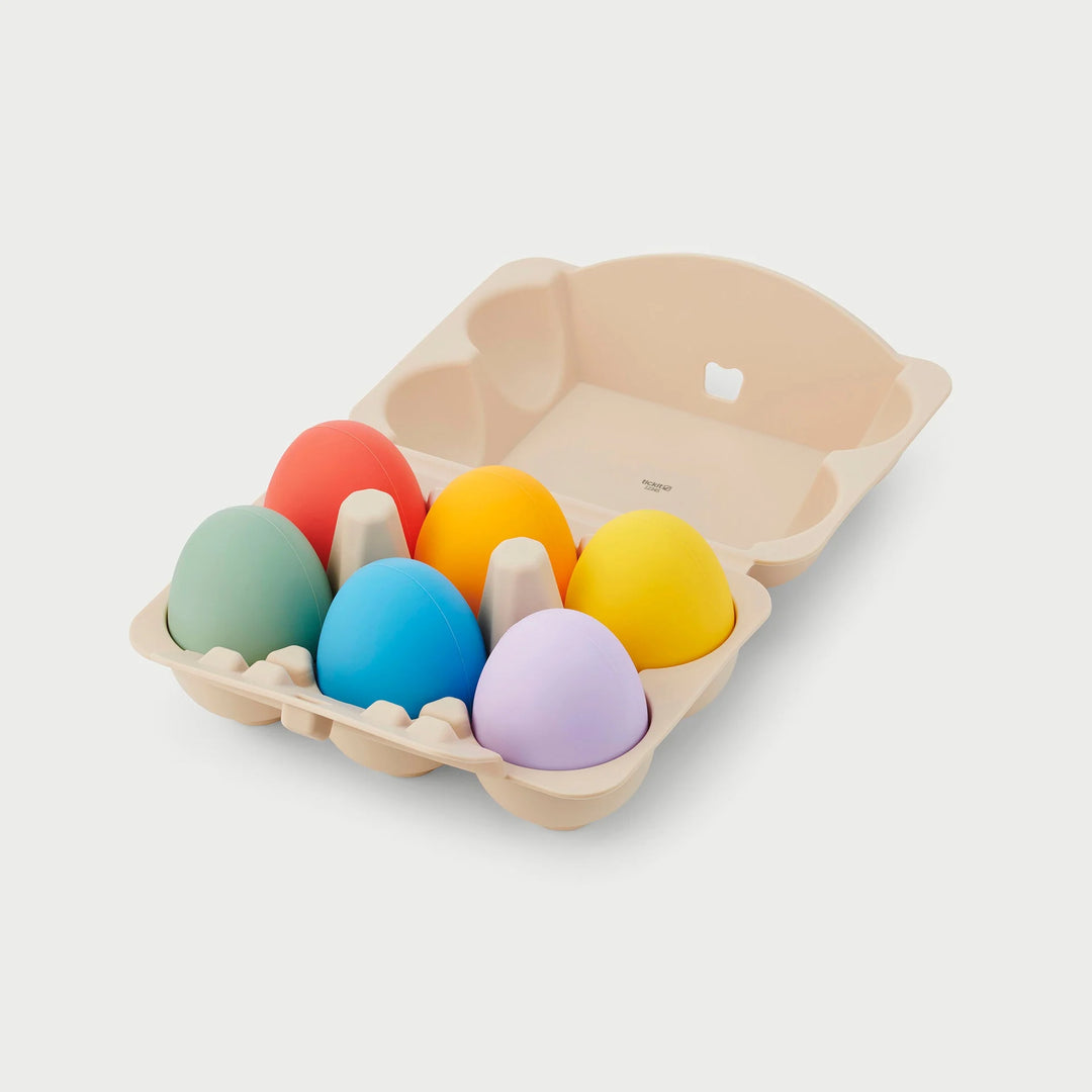 Regenboogkleurige silicone sensorische eieren met eierdoos van Tickit