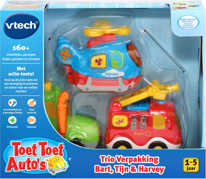 Set van 3 Vtech voertuigen: brandweer, helikopter en tractor met geluid