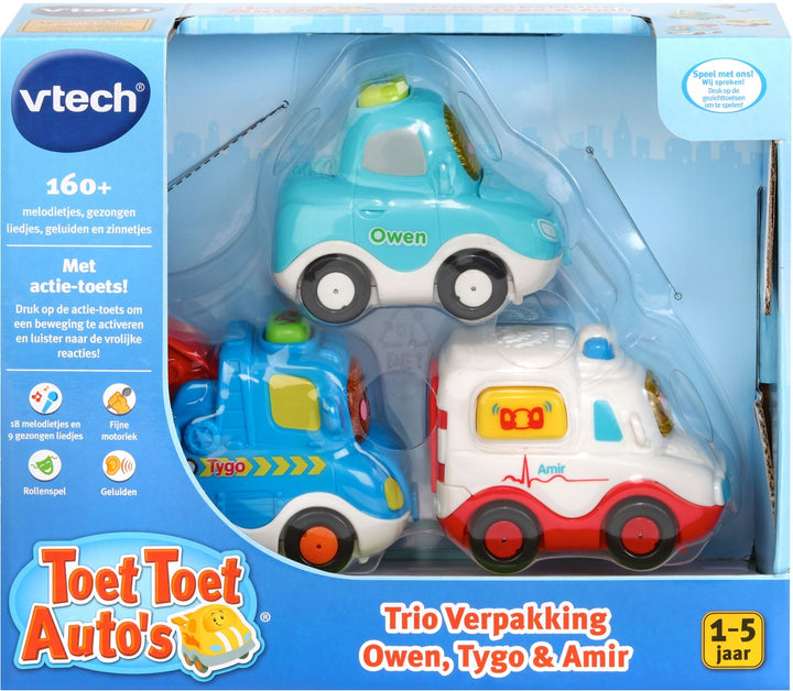Set van 3 Vtech voertuigen: auto, ambulance en takelwagen met geluid