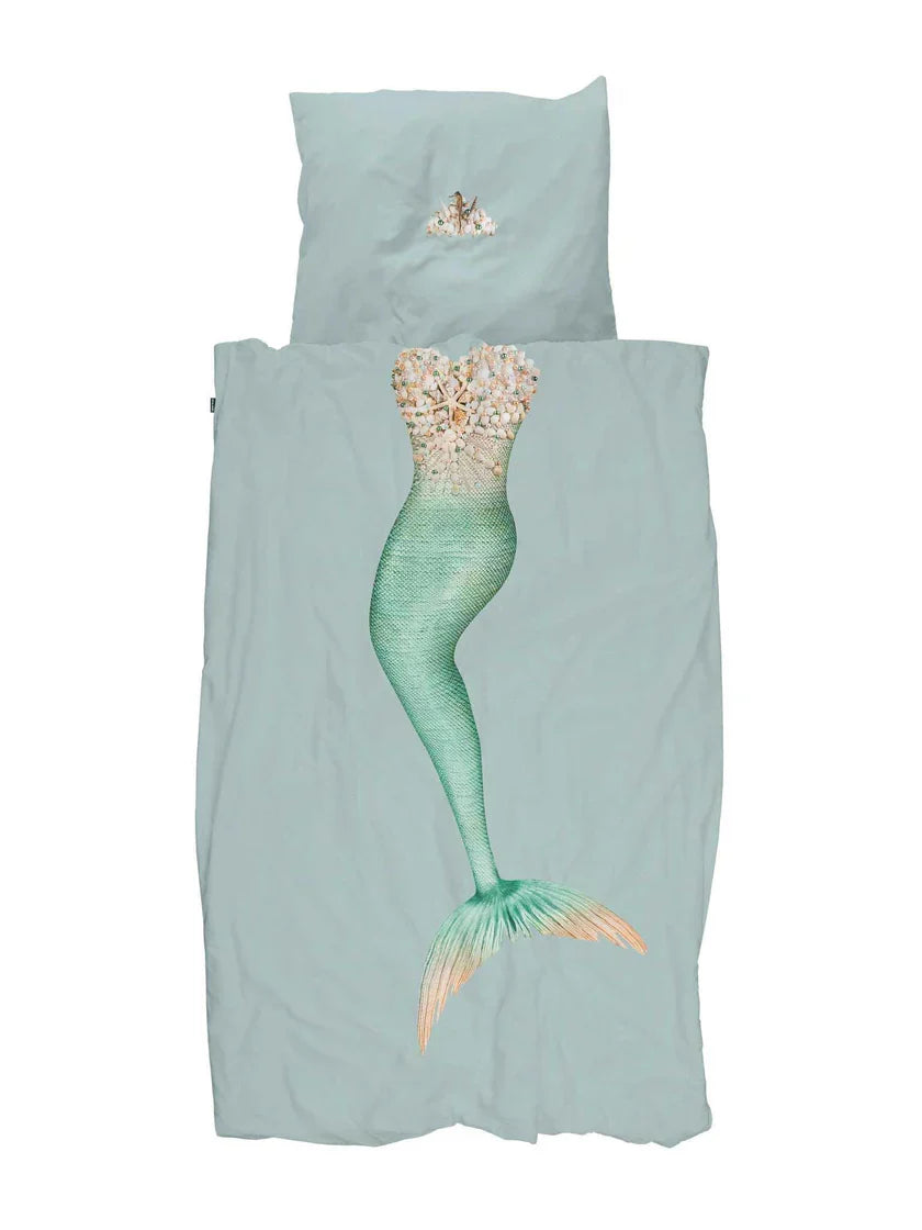 Snurk Mermaid dekbedovertrek 140x200 cm in aqua met zeemeerminprint van biologisch katoen