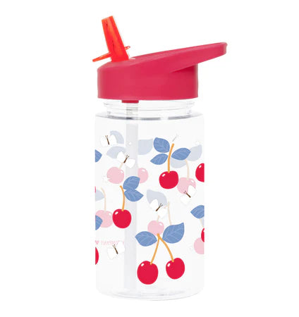 Transparante A Little Lovely Company drinkfles met kersenprint en rietje, 450 ml