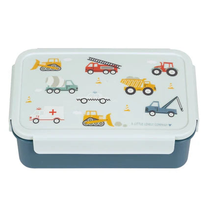Roze bento lunchbox met voertuigenprint van A Little Lovely Company met uitneembare vakjes