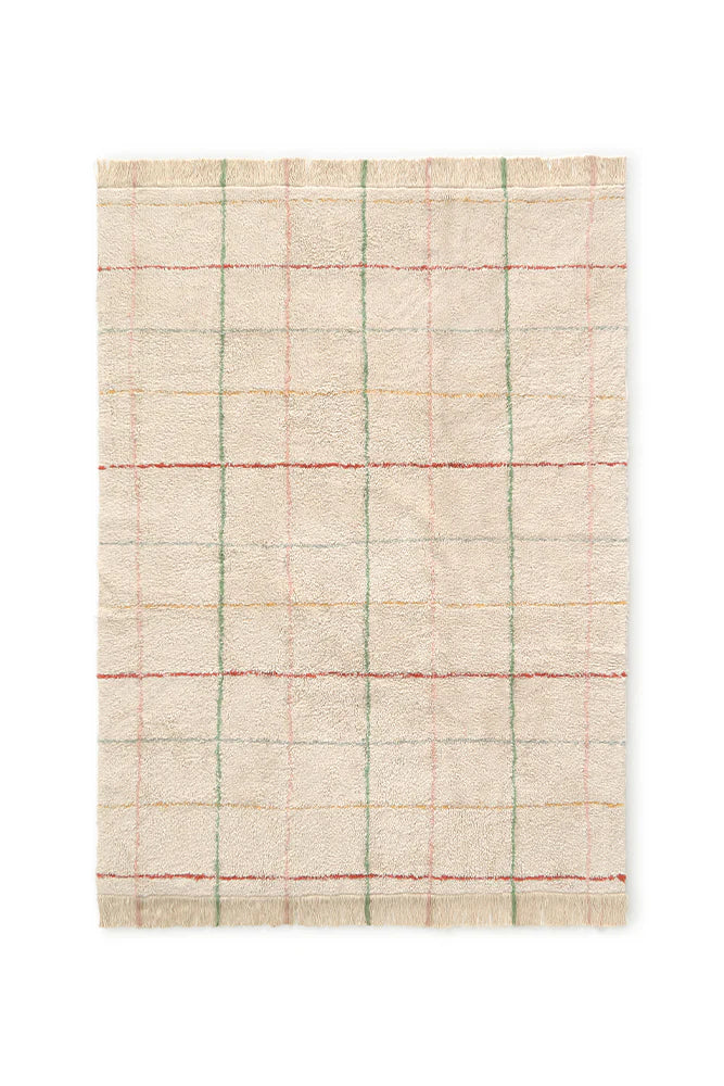 Lorena Canals wasbaar tapijt 90x130 cm in Vintage Nude met strepen en franjes, rustieke stijl