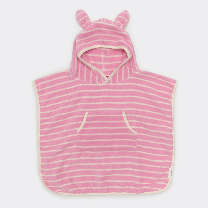 Zachte roze gestreepte kinderponcho van Sunnylife met capuchon en drukknopen