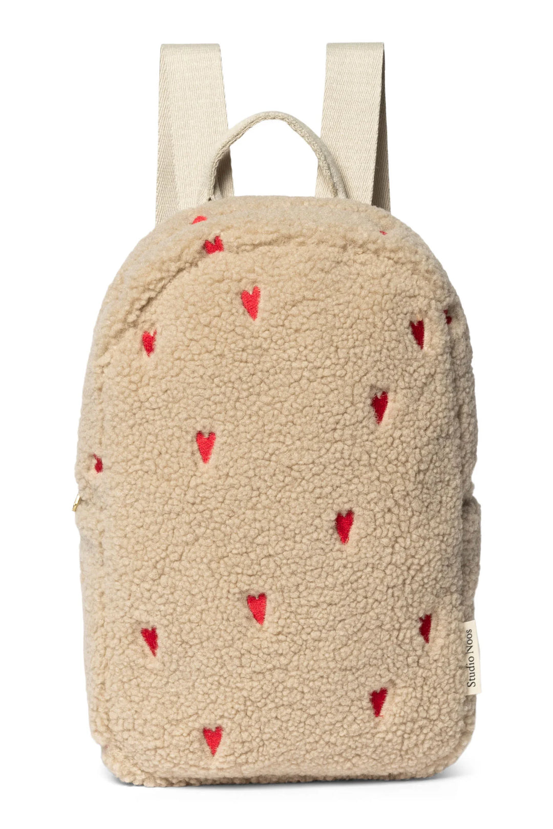 Mini rugzak van Studio Noos in teddy stof met hartjesmotief, kleur ecru