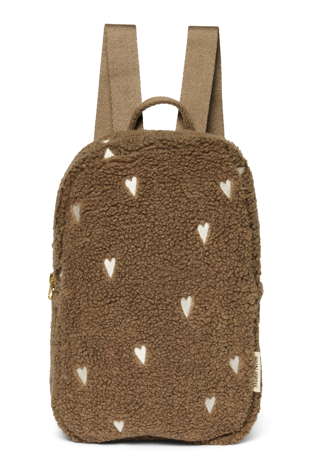 Mini rugzak van Studio Noos in teddy stof met hartjesmotief, kleur brown