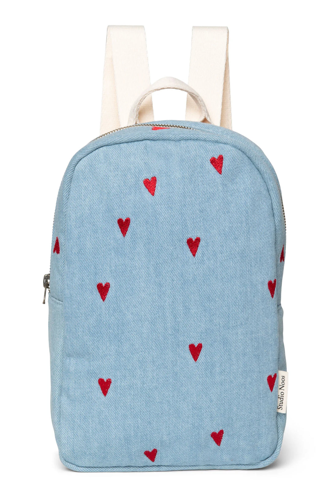 Studio Noos mini rugzak van denim met hartjesborduursel in blauw