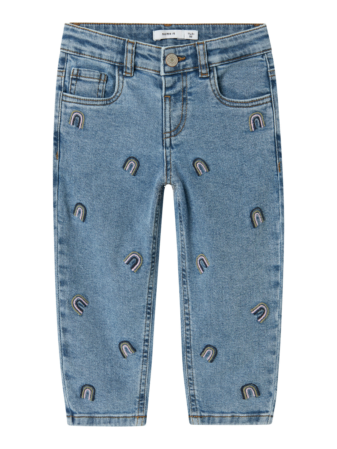 Denimblauwe mom fit jeans van Name It met regenboogborduursel en verstelbare taille