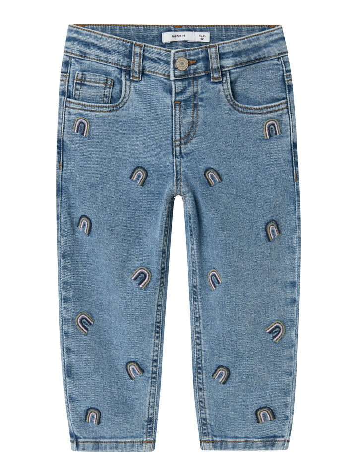 Denimblauwe mom fit jeans van Name It met regenboogborduursel en verstelbare taille
