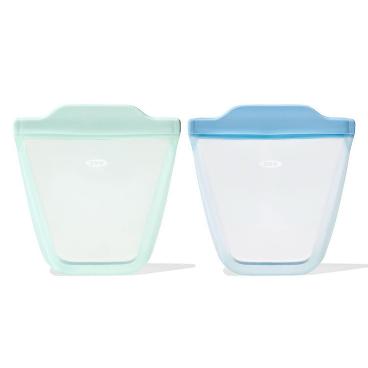 Oxo Tot silicone bewaarzakjes 2-pack Opal/Dusk, staand model met lekvrije sluiting