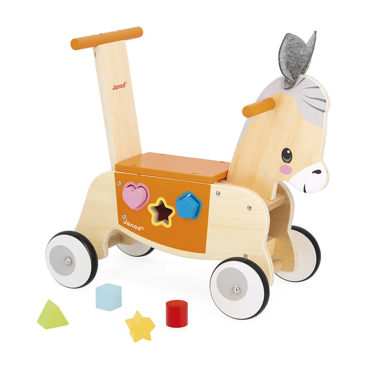 Houten loopwagen ezel van Janod met vormendoos voor baby’s vanaf 12 maanden