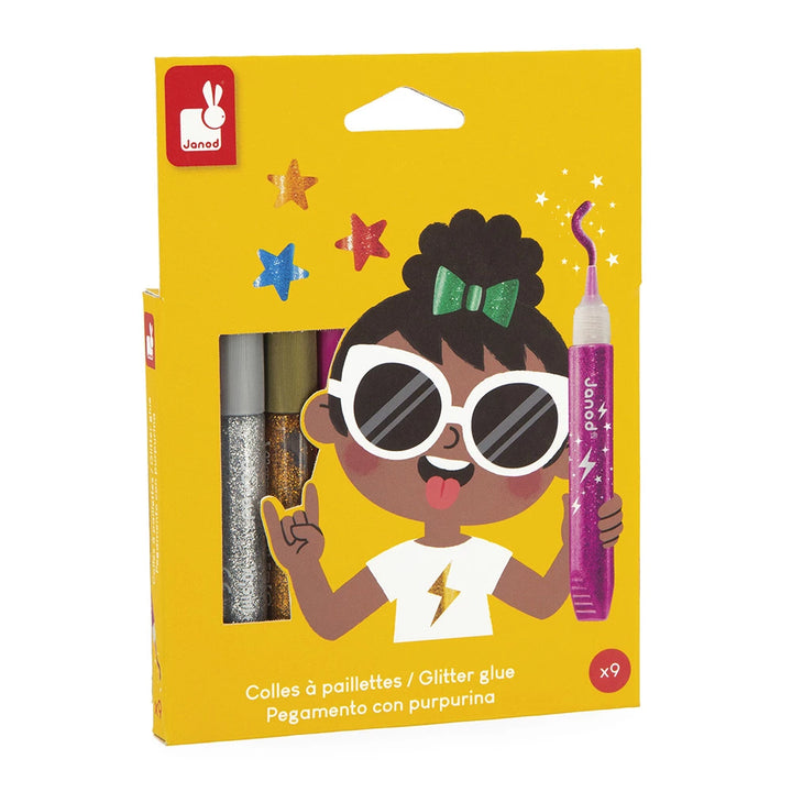 Janod glitterlijm set met 9 kleurrijke tubes en precisiepunt