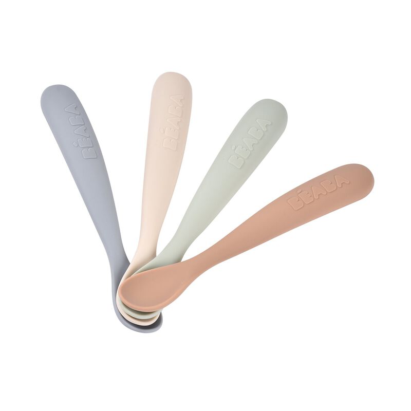 Béaba siliconen lepels 1ste leeftijd in set van 4 kleuren Natural Kiezel, Grijsgroen, Praline en Clay