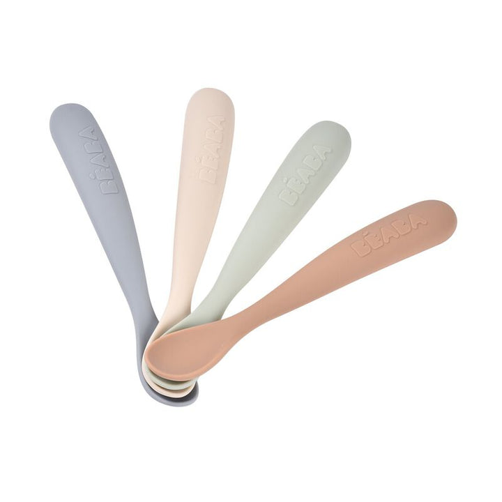 Béaba siliconen lepels 1ste leeftijd in set van 4 kleuren Natural Kiezel, Grijsgroen, Praline en Clay