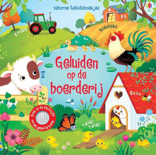 Geluidenboek Geluiden Op De Boerderij met drukknoppen, voeltexturen en doorkijkgaten
