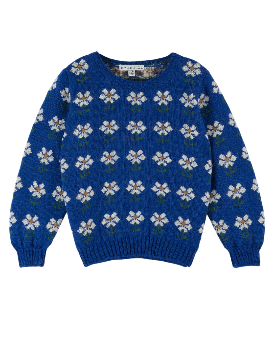 Blauwe babytrui van Emile et Ida met witte madeliefjes en ronde hals