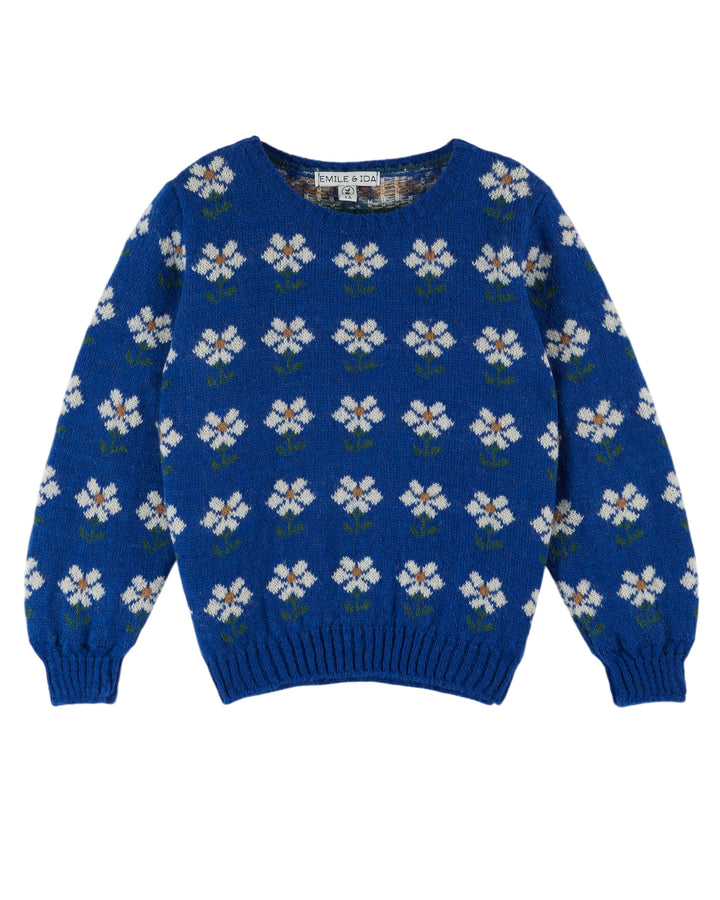 Blauwe babytrui van Emile et Ida met witte madeliefjes en ronde hals