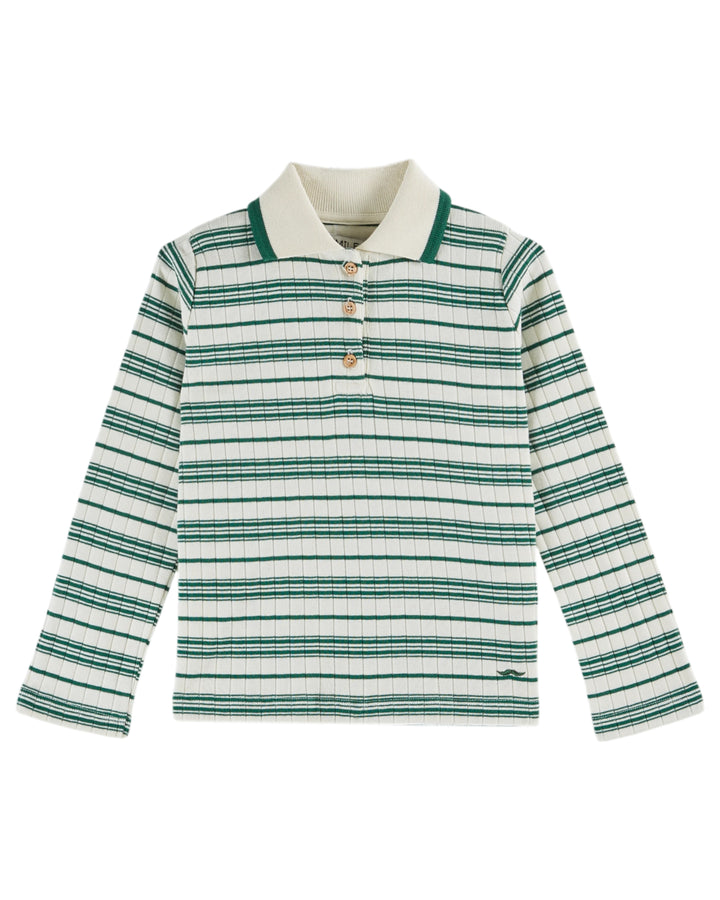 Ecru baby polo van Emile et Ida met groene strepen en houten knopen