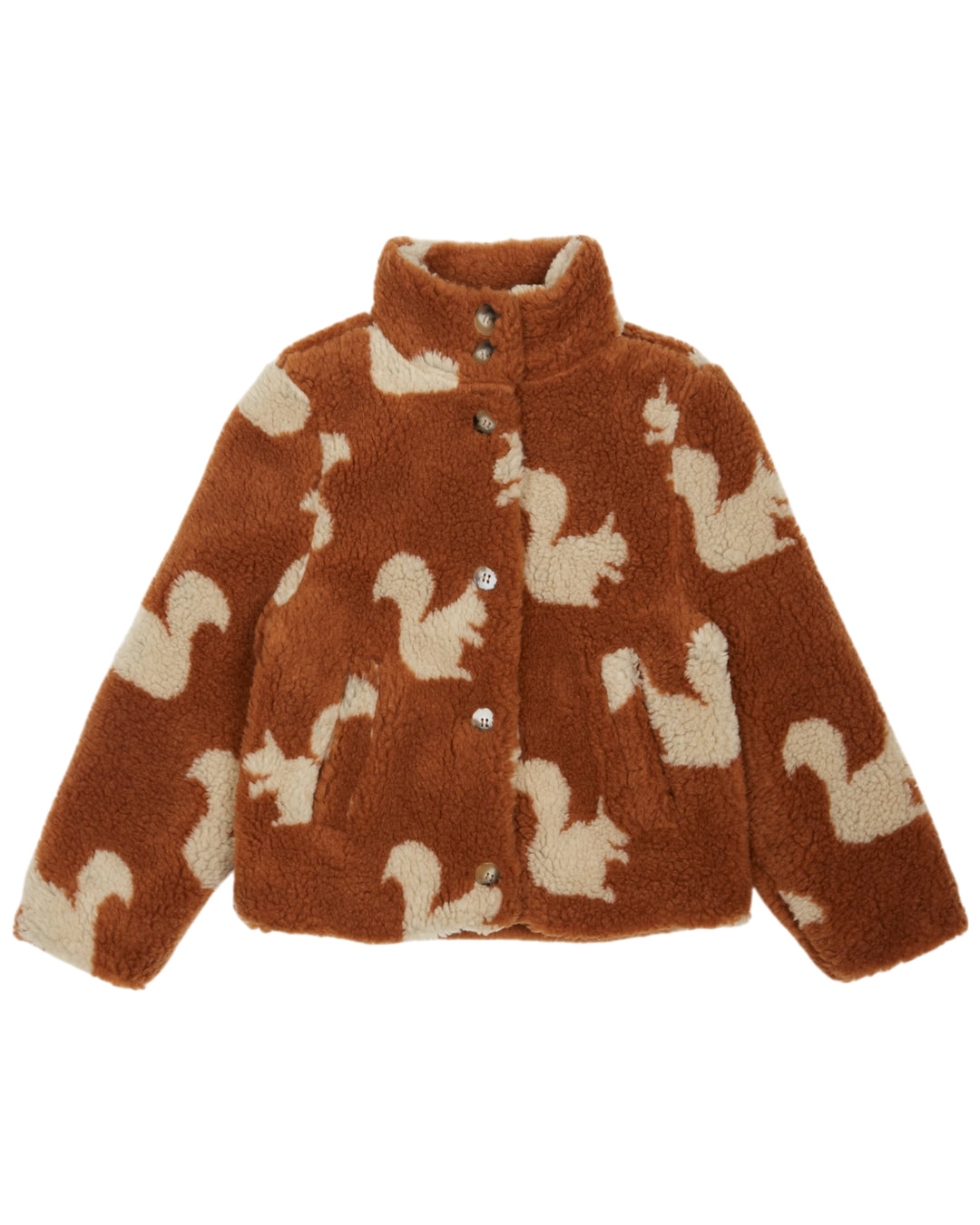 Karamelkleurige babyjas van Emile et Ida in fake fur met eekhoornprint