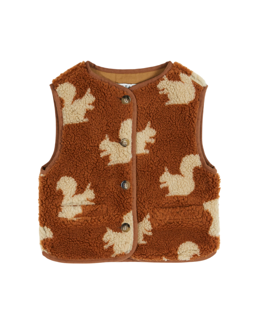 Bruine baby bodywarmer van Emile et Ida met eekhoornprint en knoopsluiting