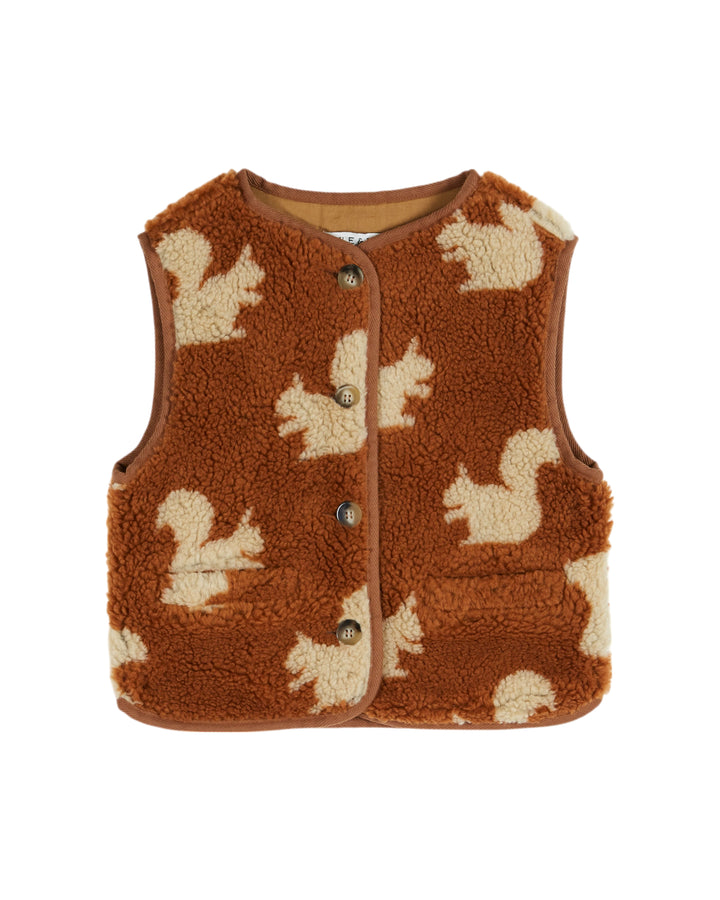 Bruine baby bodywarmer van Emile et Ida met eekhoornprint en knoopsluiting